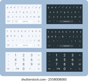 Smartphone keyboard in light and dark mode, keypad alphabet buttons in modern flat style, mobile phone tab concept for white and black color text app, vector illustration 10 eps.
