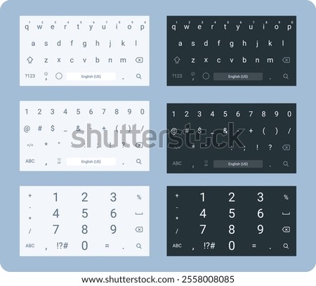 Smartphone keyboard in light and dark mode, keypad alphabet buttons in modern flat style, mobile phone tab concept for white and black color text app, vector illustration 10 eps.
