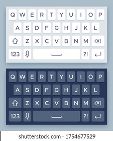 Smartphone keyboard. Mobile phone white and black screen keypad with english qwerty alphabet realistic vector isolated mockup for cell phone. Light and dark abc buttons for device vector illustration.