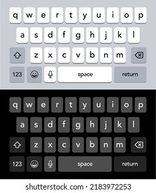 Smartphone keyboard. Mobile phone white and black screen keyboard with english qwerty alphabet. Vector isolated mockup for cell phone. Light and dark abc buttons for device vector illustration.