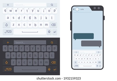 Smartphone Keyboard. Numbers And Letters For Smartphone Ui Dark And White Theme Typing Buttons Garish Vector Template