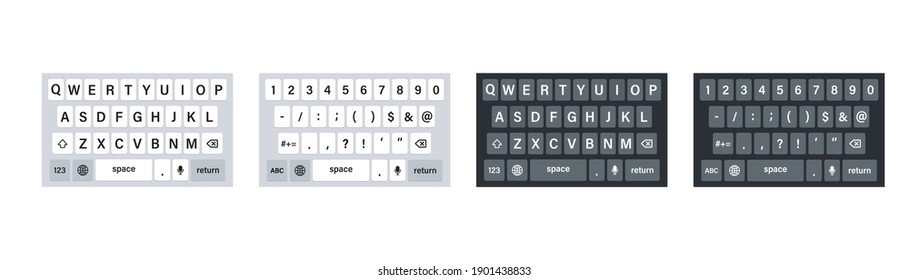 Smartphone keyboard , vector illustration. Set of phone  keyboards in light and dark mode.keypad  mockup .qwerty keypad alphabet buttons . 10 eps