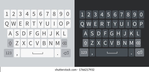 Smartphone-Tastatur. Weiße und schwarz realistische Keyboards Handy, Buttons englisches Alphabet auf dem Bildschirm Gerät. Ui-Tastatur-Movie-Up-Vektorset einzeln