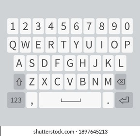 Smartphone-Tastatur. Weiße, realistische Handytasten mit englischem Alphabet, Zahlen und Zeichen auf dem Bildschirm, Social Media-Tastatur für digitale Geräte, in der Tastatur, einzelne Vektorgrafik
