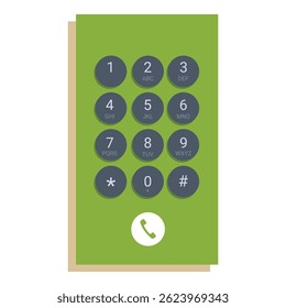 Teclado de teléfono inteligente sobre fondo verde que muestra números y Botón de llamadas