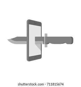 Smartphone with knife set internet cyber crime concept idea illustration isolated on white background, with copy space