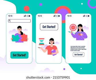 Smartphone landing page set. Problem solving, Puzzle solution, Time management, Goal setting. Vector illustration in a flat style