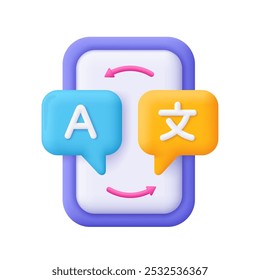 Smartphone with language translator symbol on speech bubble. Translate app, foreign Languages, online dictionary and online learning concept. 3d vector icon. Cartoon minimal style.