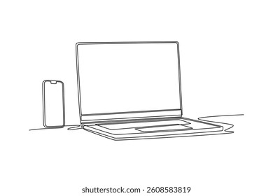 Smartphone and laptop. Calculator, Smartphone, Laptop concept. Single line draw design. Vector graphic illustration