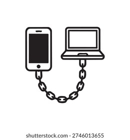 Smartphone and laptop chained together symbolizing technology addiction and digital dependency