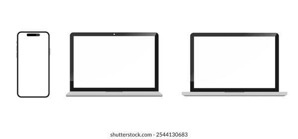 Smartphone y dispositivo de ordenador portátil con pantalla en blanco. Maqueta del teléfono móvil y del ordenador portátil para el App del ui ux con la exhibición vacía y el fondo blanco. PNG transparente y Ilustración vectorial.