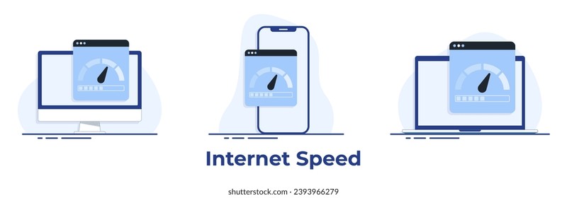 Smartphone, laptop and computer with internet connection speed test on the screen, Internet download speed, and network performance on web page flat illustration 
