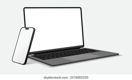 Smartphone and Laptop Computer Mockup in Perspective Side View, Isolated on White Background - Vector Illustration