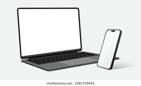 Smartphone and Laptop Computer Mockup | Perspective Side View | Isolated on White Background | Vector Illustration