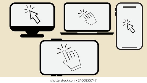 Smartphone, Laptop, Computer, Tablet-Symbole mit Klicken hier. Klicken Sie auf die Geräte. Gerätesymbole mit Mausklick. Tippen Sie hier für einen Link zu Websites. Pfeil mit Berührungsknopf. Berühren, klicken