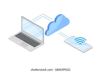 Smartphone and Laptop Connected with Storage Cloud Server Vector Isometric Illustration