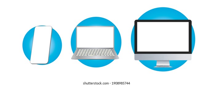 Smartphone, laptop, desktop personal computer mockup with blank screen. Place for ad on display of phone, notebook, PC. Chroma key, copy space on devices. Design elements.