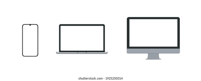 Smartphone, Laptop, Desktop Personal Computer Mockup With Blank Screen. Place For Ad On Display Of Phone, Notebook, PC. Chroma Key, Copy Space On Devices. Design Elements.  Modern Gadgets.