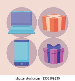 smartphone with laptop and gifts