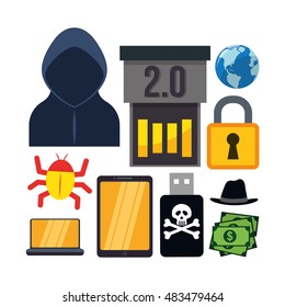 Smartphone laptop hacker and icon set. Cyber security system and media theme. Colorful design. Vector illustration
