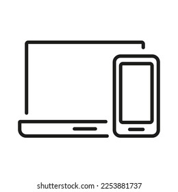 Smartphone and Laptop Line Icon. Smart Devises Pictogram. Mobile Phone and Computer Outline Symbol. Electronic Digital Technology, Cellphone, PC Display. Editable Stroke. Isolated Vector Illustration.