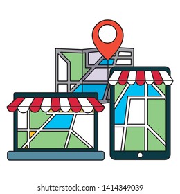 smartphone laptop map location pointer fast delivery business vector illustration