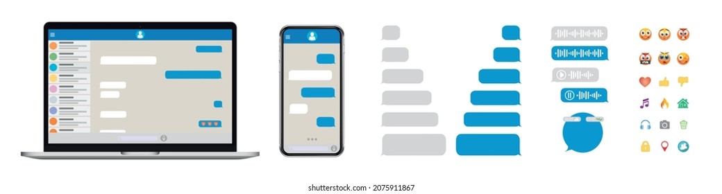 Smartphone and laptop messages set. Voice message bubbles template design. Text messages. Messenger conversation mockup. SMS chat. Type sms message. Communication in social media network.