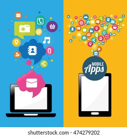 smartphone laptop mobile apps application online icon set. Colorful and flat design. Vector illustration