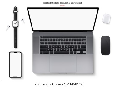 smartphone, laptop, mouse, headphones and smartwatch top view isolated on white background. flat lay realistic and detailed devices mockup.  stock vector illustration