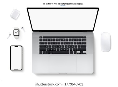 smartphone, laptop, mouse, headphones and smartwatch top view isolated on white background. flat lay realistic and detailed devices mockup. stock vector illustration