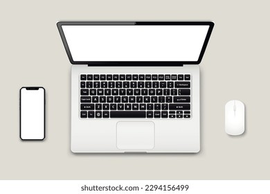 Smartphone, laptop, mouse top view. Realistic devices mockup