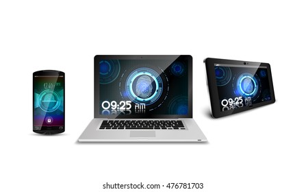 Smartphone, laptop and tablet of concept fingerprint isolated white background .Vector 3D illustration 