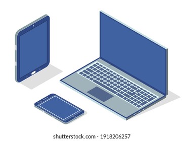 Smartphone, laptop, tablet vector illustration set. Modern digital devices electronic means of communications. Opened laptop with empty display, mobile phone and electronic book with touchscreen