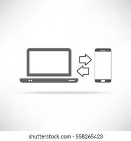 Smartphone and laptop transfer simply outline icon. Phablet to notebook  syncronize user interface element. Phone exchange ui pictogram. Device swap symbol. EPS10 vector.