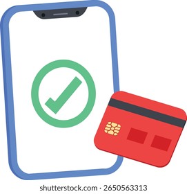 Ein Smartphone mit einem großen grünen Häkchen auf dem Bildschirm, neben einer hellroten Kreditkarte mit einem Goldchip positioniert. Diese Illustration vermittelt perfekt Themen von sicheren Online-Zahlungen.