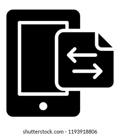 A smartphone with large screen showing two way directional arrows depicting data share