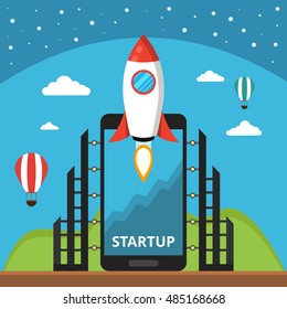 Smartphone with launch rocket on the screen. Successful startup business concept. Clouds, stars and balloon on the background. Flat vector illustration.