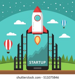 Smartphone with launch rocket on the screen. Successful startup business concept. Clouds, stars and balloon on the background. Flat vector illustration.