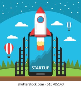 Smartphone with launch rocket on the screen. Successful startup business concept. Clouds, stars and balloon on the background. Flat vector illustration.