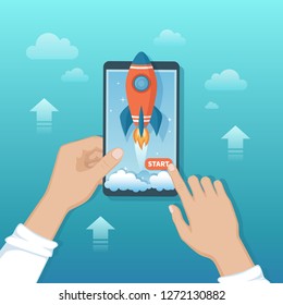 Smartphone with launch rocket startup from the screen. Phone with mobile application in the hands. Business planning idea of successful project start up, boost technology, innovation strategy. Vector