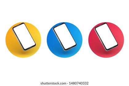 Smartphone layout at an angle. Mobile phone frames with a blank white display in color circles.