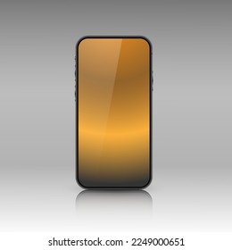 A smartphone layout with a golden gradient screen. Realistic 3D mobile phone with shadow and glare on a gray background. Front view of the device. Vector illustration.