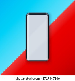 Smartphone layout presentation mockup in Contemporary style. Example frameless model mobile phone with touchscreen on art background. Project application mockup. Vector Illustration