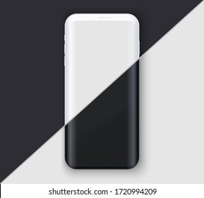 Smartphone layout presentation mockup in Contemporary style. Example frameless model mobile phone with touchscreen on black and white background. Vector Illustration