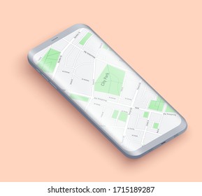 Smartphone layout presentation mockup. Example frameless model smartphone with map on screen. Technology application mockup. Vector Illustration