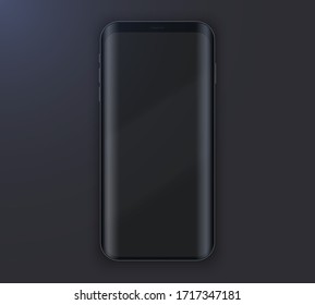 Smartphone layout presentation mockup. Example black frameless model smartphone on black background. Project application mockup. Vector Illustration