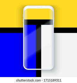 Diseño de smartphone maquillaje de presentación en estilo mondriano. Ejemplo modelo de teléfono móvil sin marco con pantalla táctil en fondo artístico. Modelo de aplicación de proyecto. Ilustración vectorial