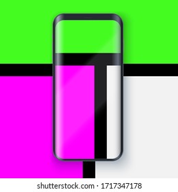 Smartphone layout presentation mockup in Mondrian style. Example frameless model mobile phone with touchscreen on art background. Project application mockup. Vector Illustration