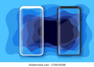 Smartphone layout presentation mockup on art background with depth effect. Example frameless model mobile phone with touchscreen. Project application mockup. Vector Illustration