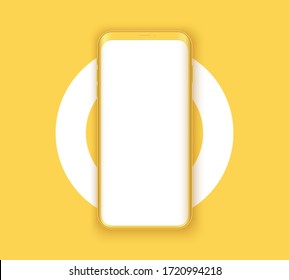 Smartphone layout presentation mockup in yellow color. Example frameless model mobile phone with touchscreen on circle. Project application mockup. Vector Illustration